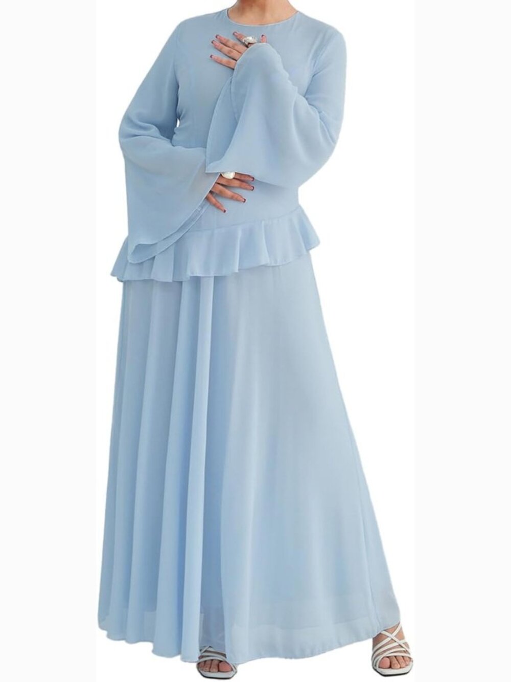 Double Layer Chiffon Abaya Dress with Back Zipper and Internal Belt